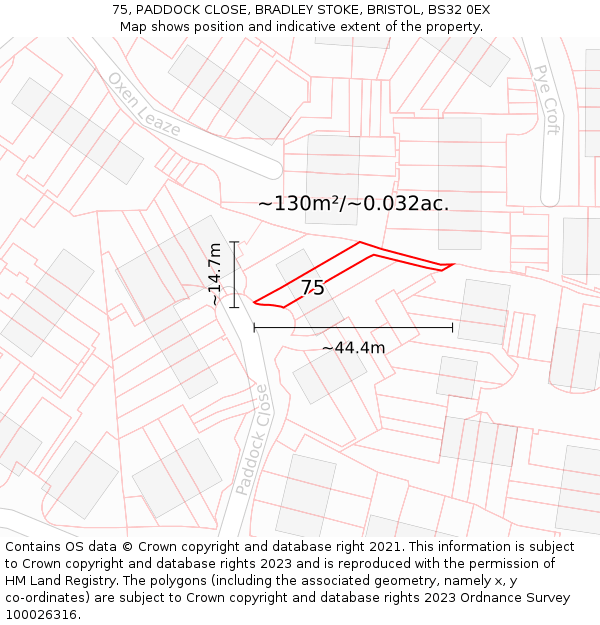 75, PADDOCK CLOSE, BRADLEY STOKE, BRISTOL, BS32 0EX: Plot and title map