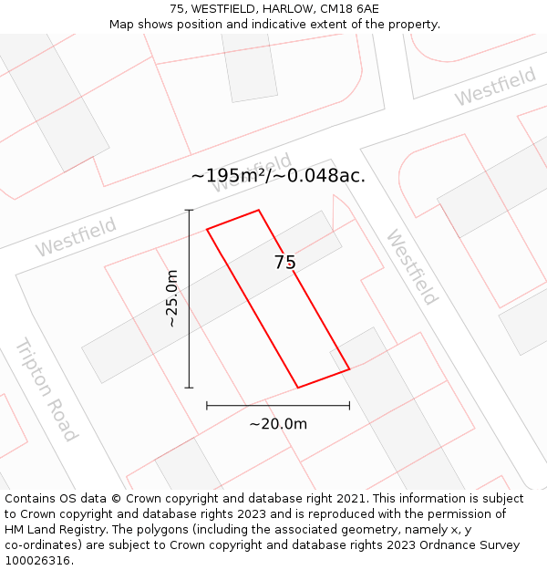 75, WESTFIELD, HARLOW, CM18 6AE: Plot and title map
