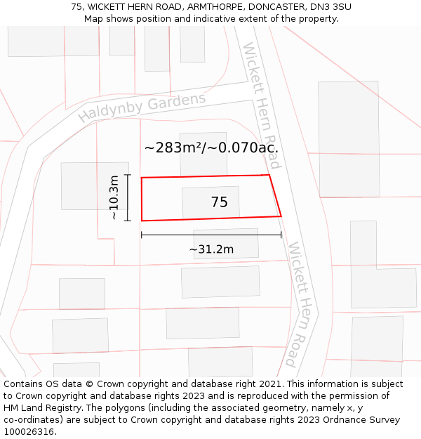 75, WICKETT HERN ROAD, ARMTHORPE, DONCASTER, DN3 3SU: Plot and title map