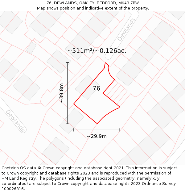 76, DEWLANDS, OAKLEY, BEDFORD, MK43 7RW: Plot and title map