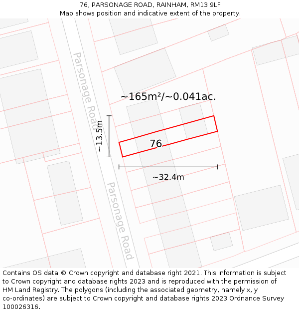 76, PARSONAGE ROAD, RAINHAM, RM13 9LF: Plot and title map