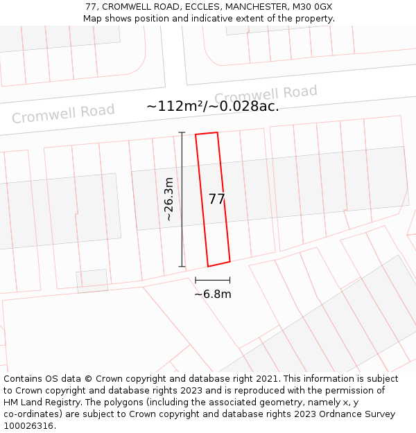 77, CROMWELL ROAD, ECCLES, MANCHESTER, M30 0GX: Plot and title map