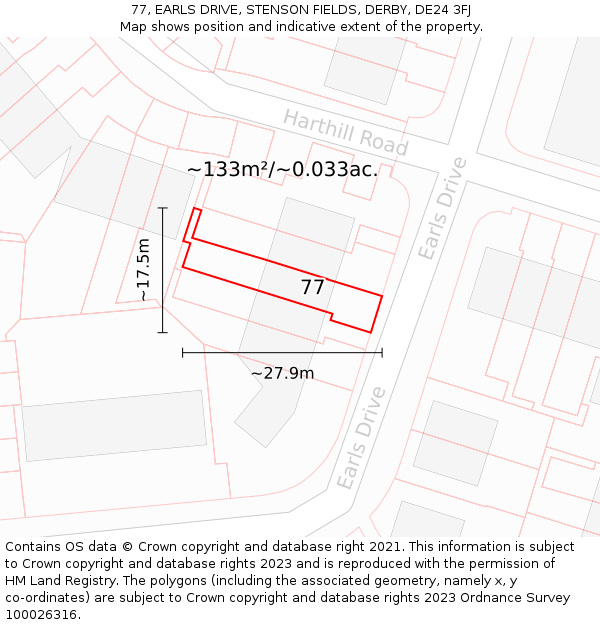 77, EARLS DRIVE, STENSON FIELDS, DERBY, DE24 3FJ: Plot and title map