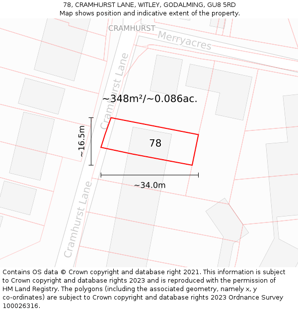 78, CRAMHURST LANE, WITLEY, GODALMING, GU8 5RD: Plot and title map