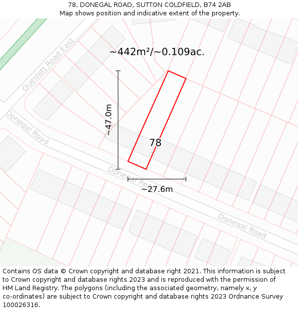 78, DONEGAL ROAD, SUTTON COLDFIELD, B74 2AB: Plot and title map