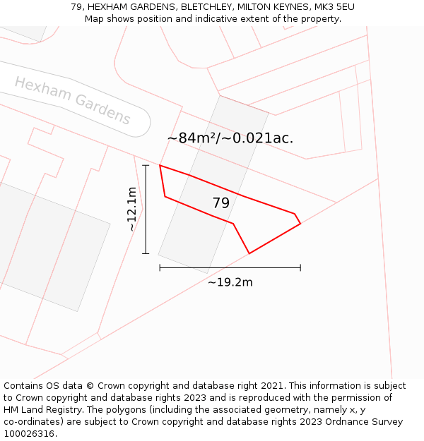 79, HEXHAM GARDENS, BLETCHLEY, MILTON KEYNES, MK3 5EU: Plot and title map