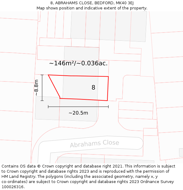 8, ABRAHAMS CLOSE, BEDFORD, MK40 3EJ: Plot and title map