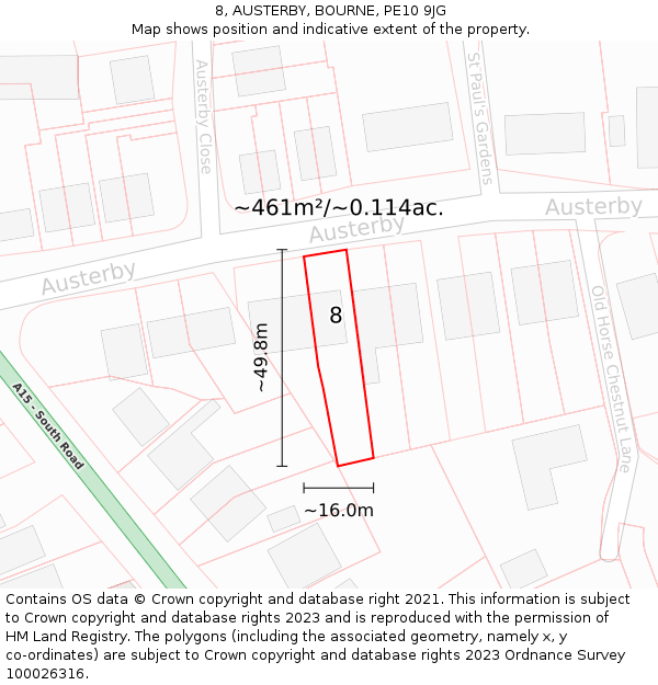 8, AUSTERBY, BOURNE, PE10 9JG: Plot and title map