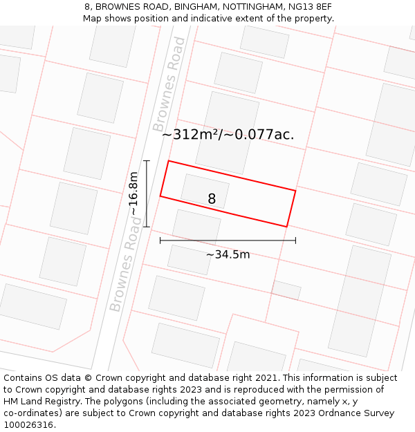 8, BROWNES ROAD, BINGHAM, NOTTINGHAM, NG13 8EF: Plot and title map