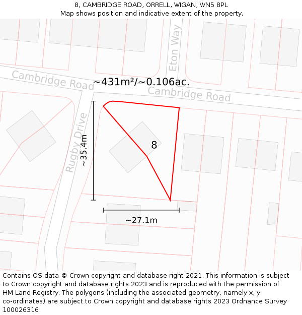 8, CAMBRIDGE ROAD, ORRELL, WIGAN, WN5 8PL: Plot and title map