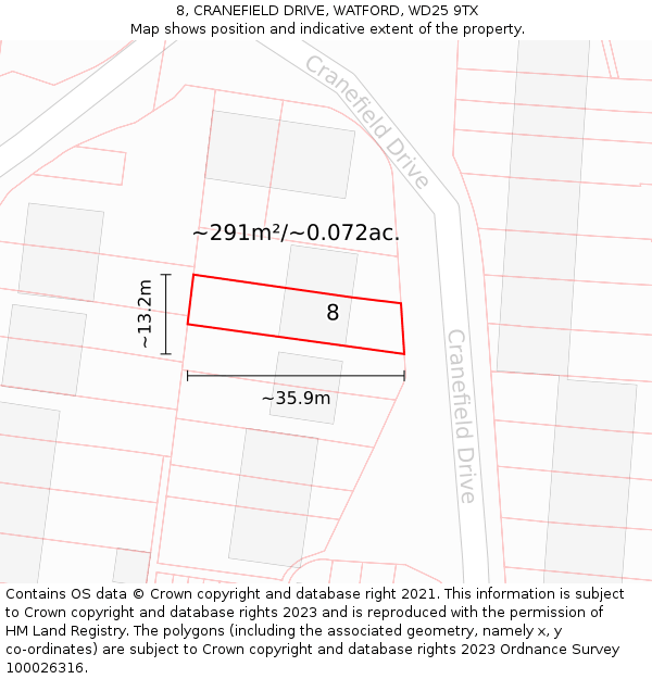 8, CRANEFIELD DRIVE, WATFORD, WD25 9TX: Plot and title map