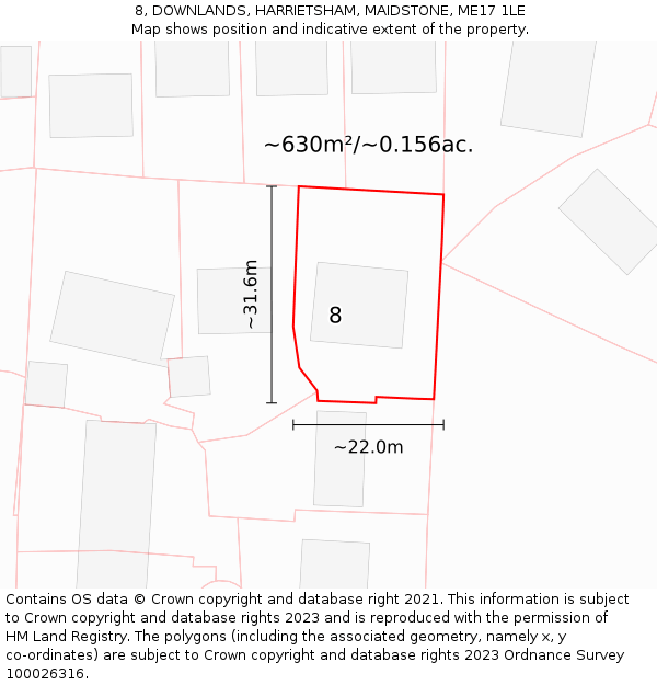 8, DOWNLANDS, HARRIETSHAM, MAIDSTONE, ME17 1LE: Plot and title map