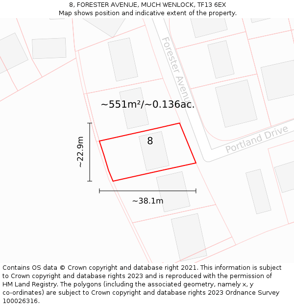 8, FORESTER AVENUE, MUCH WENLOCK, TF13 6EX: Plot and title map