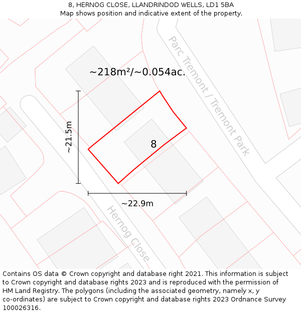 8, HERNOG CLOSE, LLANDRINDOD WELLS, LD1 5BA: Plot and title map
