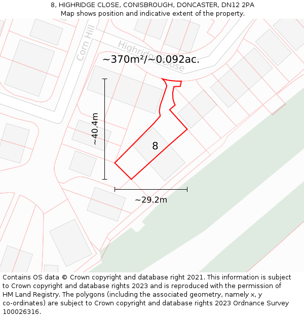 8, HIGHRIDGE CLOSE, CONISBROUGH, DONCASTER, DN12 2PA: Plot and title map