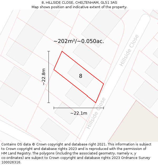 8, HILLSIDE CLOSE, CHELTENHAM, GL51 3AS: Plot and title map