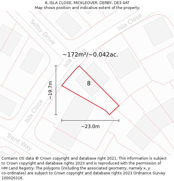 8, ISLA CLOSE, MICKLEOVER, DERBY, DE3 0AT: Plot and title map