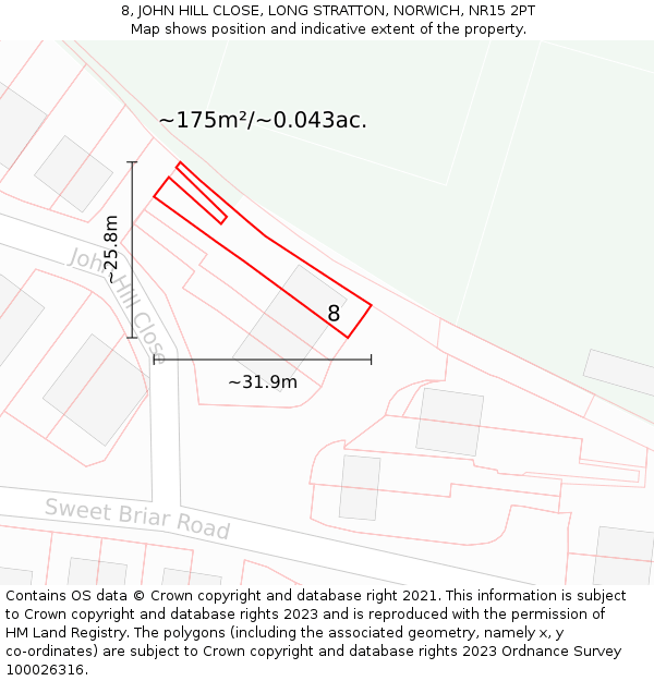 8, JOHN HILL CLOSE, LONG STRATTON, NORWICH, NR15 2PT: Plot and title map