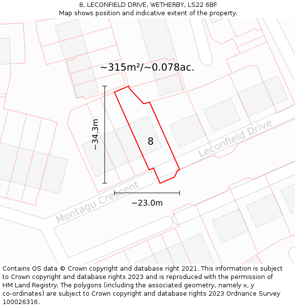 8, LECONFIELD DRIVE, WETHERBY, LS22 6BF: Plot and title map
