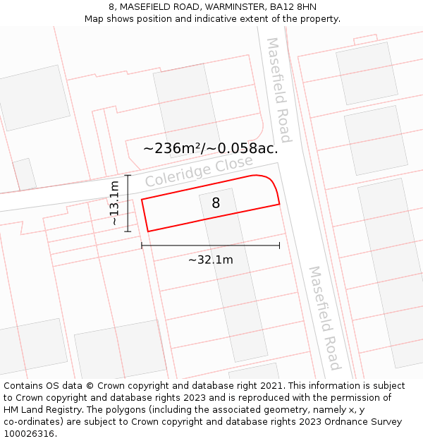 8, MASEFIELD ROAD, WARMINSTER, BA12 8HN: Plot and title map