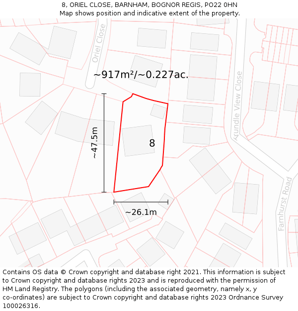 8, ORIEL CLOSE, BARNHAM, BOGNOR REGIS, PO22 0HN: Plot and title map