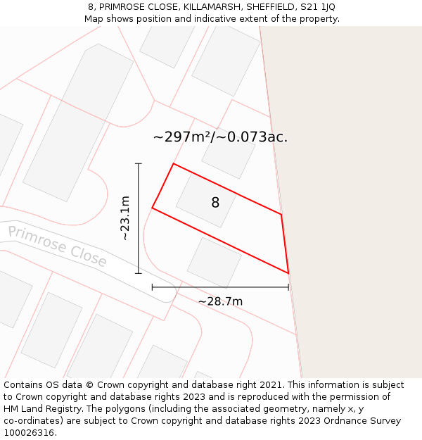 8, PRIMROSE CLOSE, KILLAMARSH, SHEFFIELD, S21 1JQ: Plot and title map