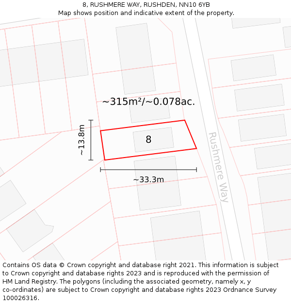 8, RUSHMERE WAY, RUSHDEN, NN10 6YB: Plot and title map