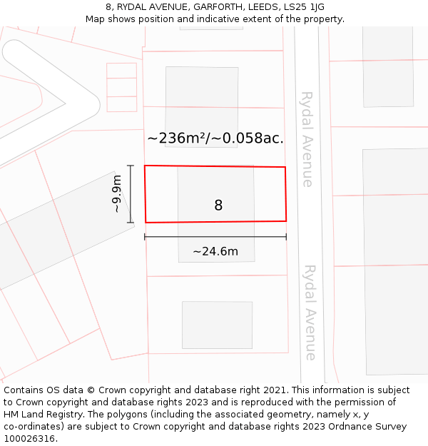 8, RYDAL AVENUE, GARFORTH, LEEDS, LS25 1JG: Plot and title map