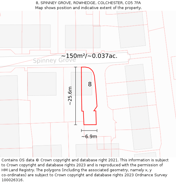 8, SPINNEY GROVE, ROWHEDGE, COLCHESTER, CO5 7FA: Plot and title map