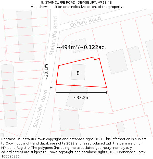 8, STAINCLIFFE ROAD, DEWSBURY, WF13 4EJ: Plot and title map