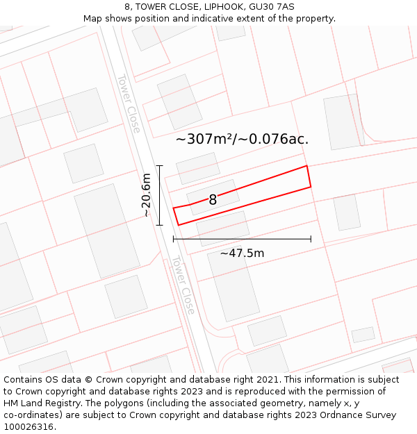 8, TOWER CLOSE, LIPHOOK, GU30 7AS: Plot and title map