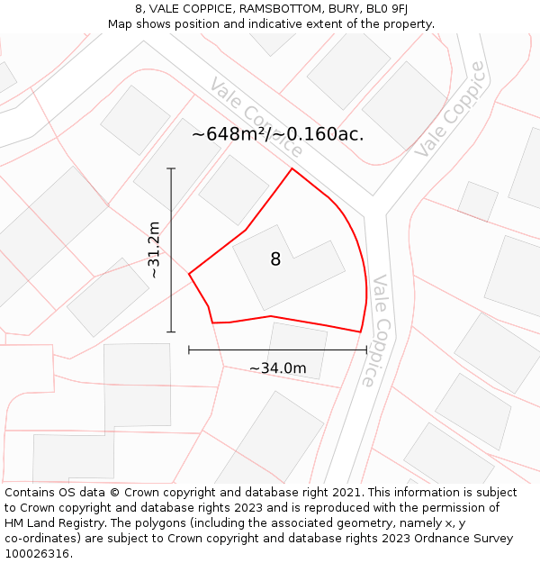 8, VALE COPPICE, RAMSBOTTOM, BURY, BL0 9FJ: Plot and title map
