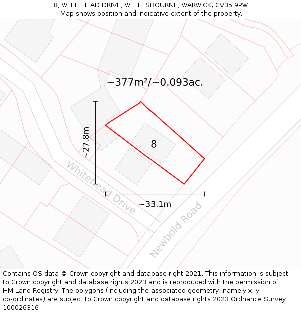8, WHITEHEAD DRIVE, WELLESBOURNE, WARWICK, CV35 9PW: Plot and title map