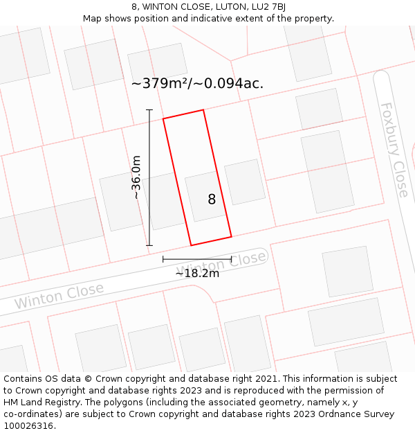 8, WINTON CLOSE, LUTON, LU2 7BJ: Plot and title map