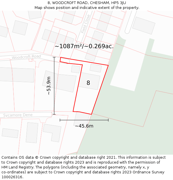 8, WOODCROFT ROAD, CHESHAM, HP5 3JU: Plot and title map