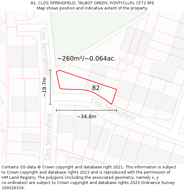 82, CLOS SPRINGFIELD, TALBOT GREEN, PONTYCLUN, CF72 8FE: Plot and title map
