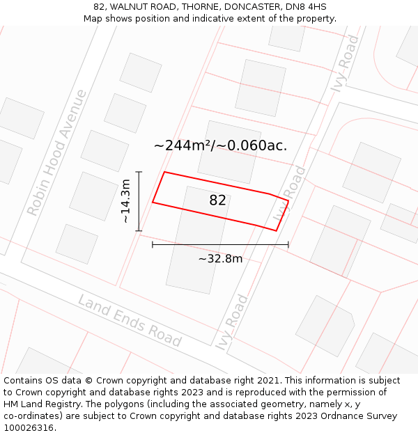 82, WALNUT ROAD, THORNE, DONCASTER, DN8 4HS: Plot and title map