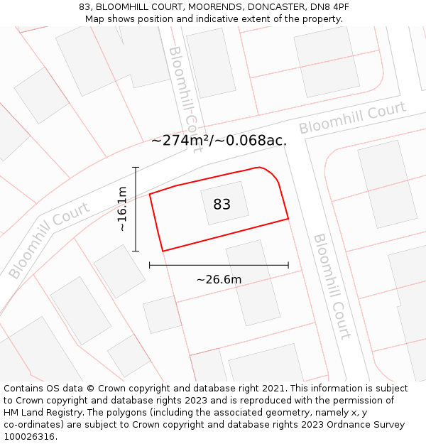 83, BLOOMHILL COURT, MOORENDS, DONCASTER, DN8 4PF: Plot and title map