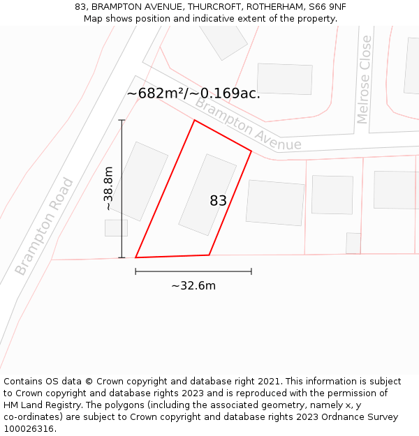 83, BRAMPTON AVENUE, THURCROFT, ROTHERHAM, S66 9NF: Plot and title map