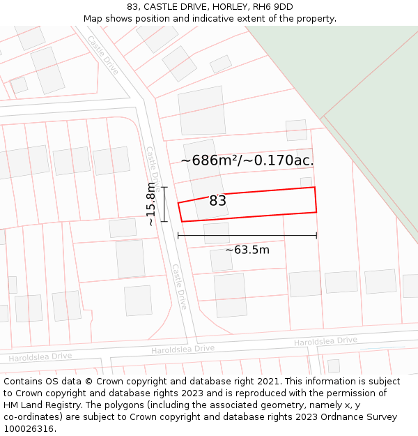 83, CASTLE DRIVE, HORLEY, RH6 9DD: Plot and title map