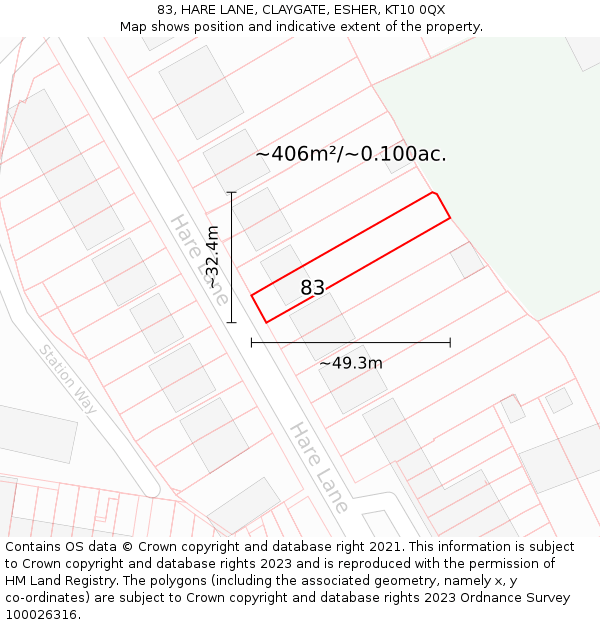 83, HARE LANE, CLAYGATE, ESHER, KT10 0QX: Plot and title map