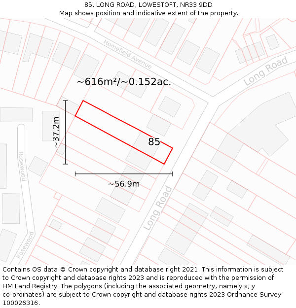 85, LONG ROAD, LOWESTOFT, NR33 9DD: Plot and title map