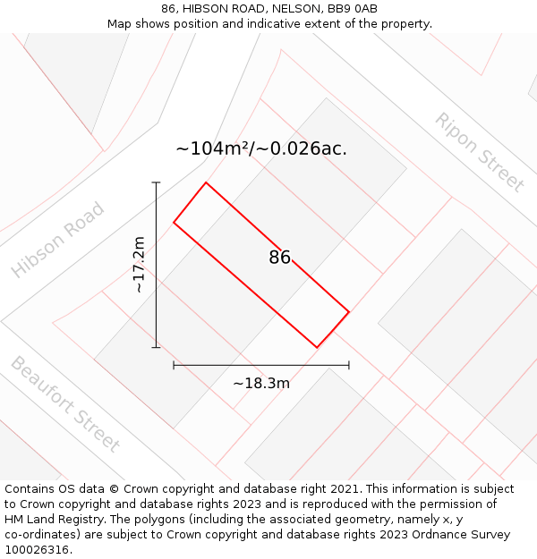 86, HIBSON ROAD, NELSON, BB9 0AB: Plot and title map