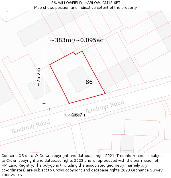 86, WILLOWFIELD, HARLOW, CM18 6RT: Plot and title map