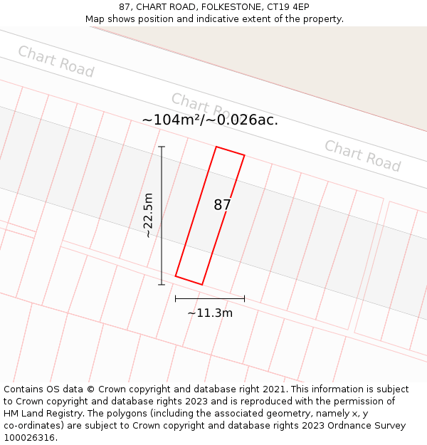 87, CHART ROAD, FOLKESTONE, CT19 4EP: Plot and title map