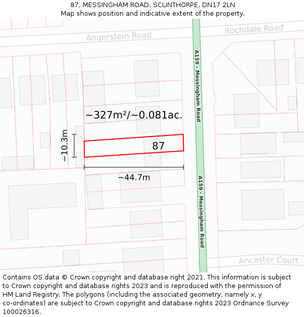87, MESSINGHAM ROAD, SCUNTHORPE, DN17 2LN: Plot and title map