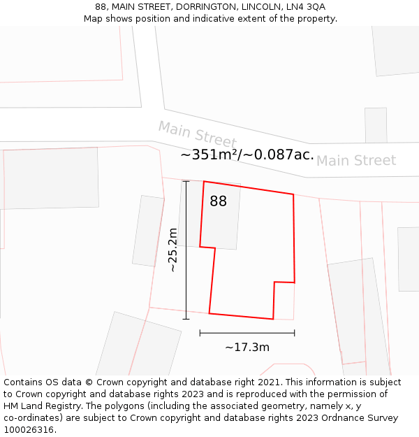 88, MAIN STREET, DORRINGTON, LINCOLN, LN4 3QA: Plot and title map