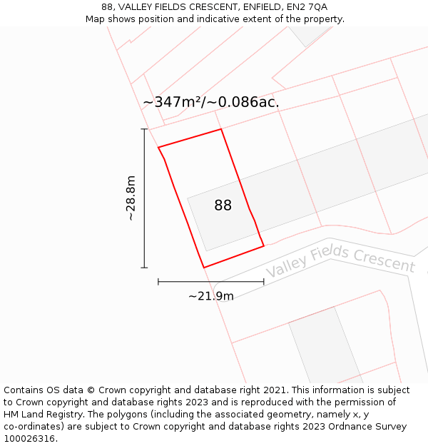 88, VALLEY FIELDS CRESCENT, ENFIELD, EN2 7QA: Plot and title map
