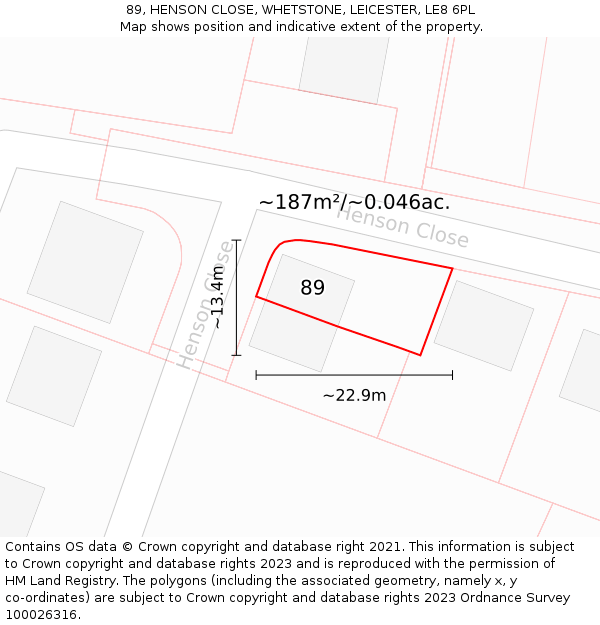 89, HENSON CLOSE, WHETSTONE, LEICESTER, LE8 6PL: Plot and title map