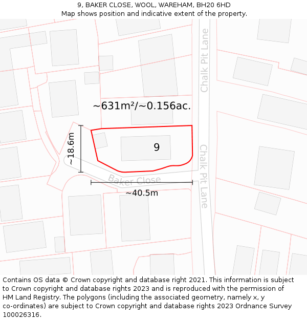 9, BAKER CLOSE, WOOL, WAREHAM, BH20 6HD: Plot and title map